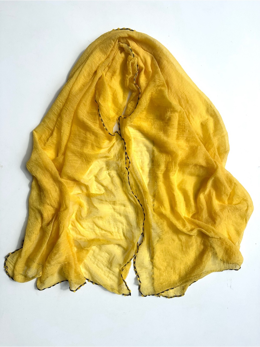 Lightweight Yellow Viscose Women's Pareo Shawl Scarf, black trim, 66”x35”